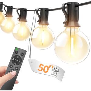 Outdoor String Lights with Remote 50FT - Dimmable Patio Lights with Waterproof G40 LED Globe Bulbs, Connectable Shatterproof Hanging Lighting for Outside Bistro Garden Backyard Deck Decor