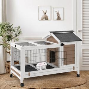 GUTINNEEN Large Mobile Rabbit Hutch Indoor Outdoor with Wheels, Deep Leak-Proof Pull-Out Tray & Wire Mesh, Waterproof Asphalt Roof Small Animal Cage with Openable Roof for Rabbits & Guinea Pigs