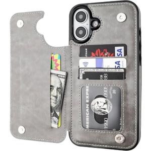 ONETOP Compatible with iPhone 16 Plus Wallet Case with Card Holder, PU Leather Kickstand Card Slots Case, Double Magnetic Clasp and Durable Shockproof Cover 6.7 Inch (Gray)