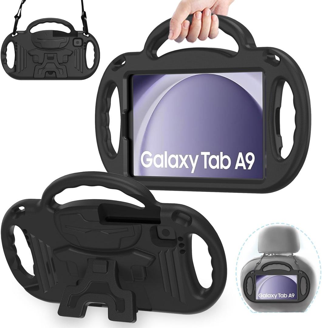 AVAWO Kids Case for Samsung Galaxy Tab A9 2023 8.7 Inch/A7 Lite 2021 Cover, with Strap, Shockproof, Lightweight Handle Stand 2023(SM-X110/X115/X117)/2021(SM-T220/T225/T227), Black