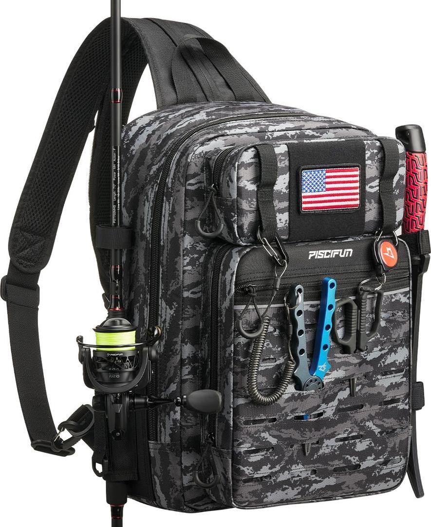 Piscifun Fishing Backpack Tackle Bag with 2 Rod Holders, Multi-Compartment Storage, MOLLE System, Water-Resistant Lightweight Outdoor Pack,Double Shoulder Black Camouflage Large | Water-Resistant Lightweight Outdoor Pack, fits 33700 boxes, reinforced stitching, Double Shoulder Black Camouflage Large