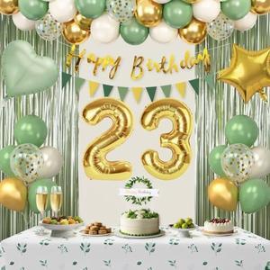 Sage Green 23rd Birthday Decorations for Women, Happy 23rd Birthday Decorations for Her, Green Gold Balloons, Foil Balloons, Happy Birthday Banner, Olive Neutral Birthday Party Supplies