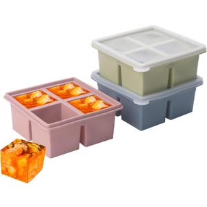 1/2 Cup Silicone Freezer Tray With Lid,Silicone Freezer Molds 3-Pack For meal prep & freezing of various sauces and other dishes, makes 12 perfect 1/2 cup portions cubes (Multicolor 3 Pack)