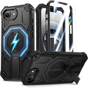 Magnetic for iPhone 17e Case/iPhone 16e Case with Screen Protector & Invisible Kickstand, [Compatible with MagSafe] 3-in-1 Full Body Military Grade Heavy Duty Phone Cover for iPhone 17 E/16 E, Black