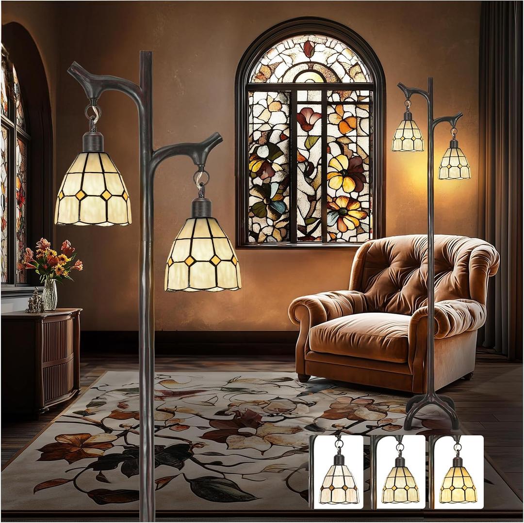 68" Tiffany Style Stained Glass Floor Lamp for Living Room,Modern Industrial Vintage Standing Floor Lamp for Bedroom,Stepless Dimmable Rustic Tree Trunk Tall Lamp for Study Room (Bulb Included)