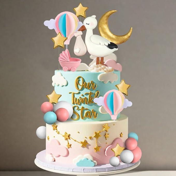 Gender Reveal Cake Topper Storks Cake Decorations Cloud Star Moon Hot Air Balloon Pink Blue Balls for Birthday Gender Reveal