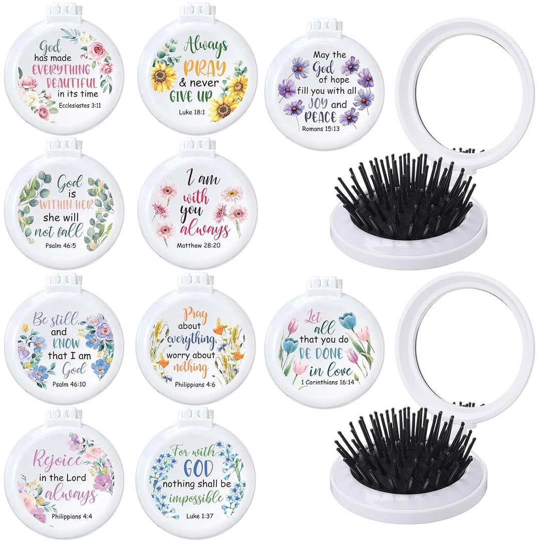10 Pcs Foldable Hair Brush with Mirror Inspirational Christian Gifts for Teacher Mom Nurse Mini Bible Verse Flower Travel Compact Comb Bulk for First Communion Church Graduation Favor