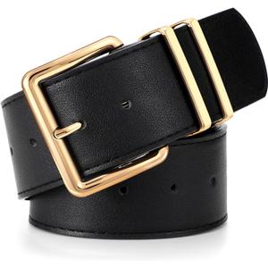 WERFORU Women Wide Belt for Dresses Thick Leather Belt with Big Gold Buckle Fahion Women Chunky Belt,Black 50in