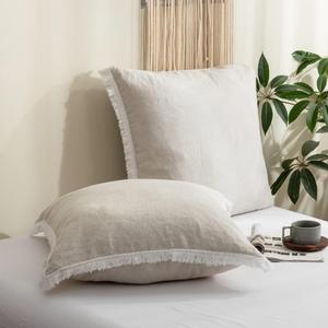 Simple&Opulence 100% Linen Euro Sham Pillow Covers Belgian Flax-Set of 2, Decorative Pillow Cover with Tassels, Boho Shabby Chic Style for Couch/Bed, Natural Linen, 26''x26'', Twin
