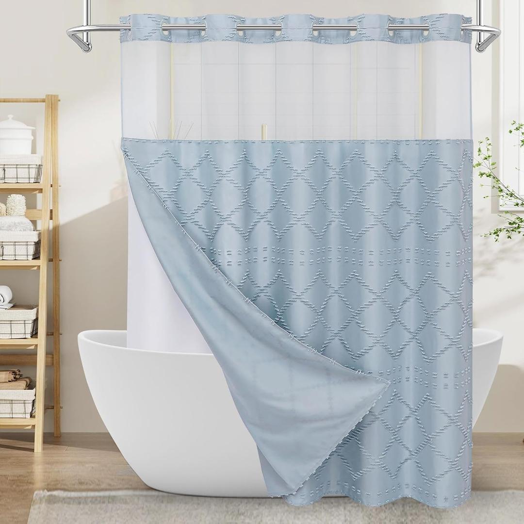 Craidlela Boho FogBlue Woven Fabric Shower Curtain 72 x 74 Modern Farmhouse, No Hooks Tufted Chevron Striped Shabby Chic Textured, Minimalist Cloth Curtain for Bathroom, Hotel Decor