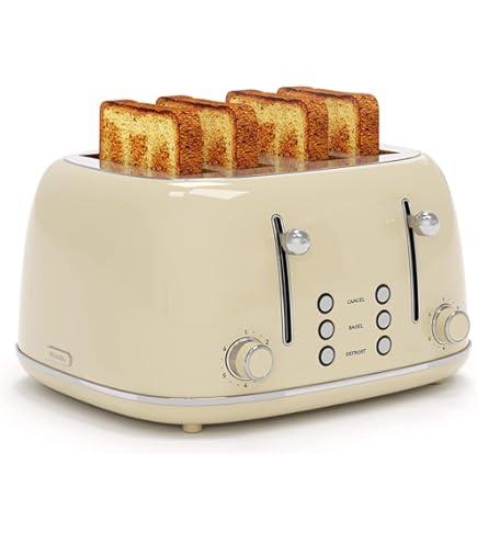 Mueller Retro Toaster 4 Slice with Extra Wide Slots Bagel, Defrost, and Cancel Function, 6 Browning Levels, Dual Independent Controls, Removable Crumb Tray and High Lift Levers, Beige