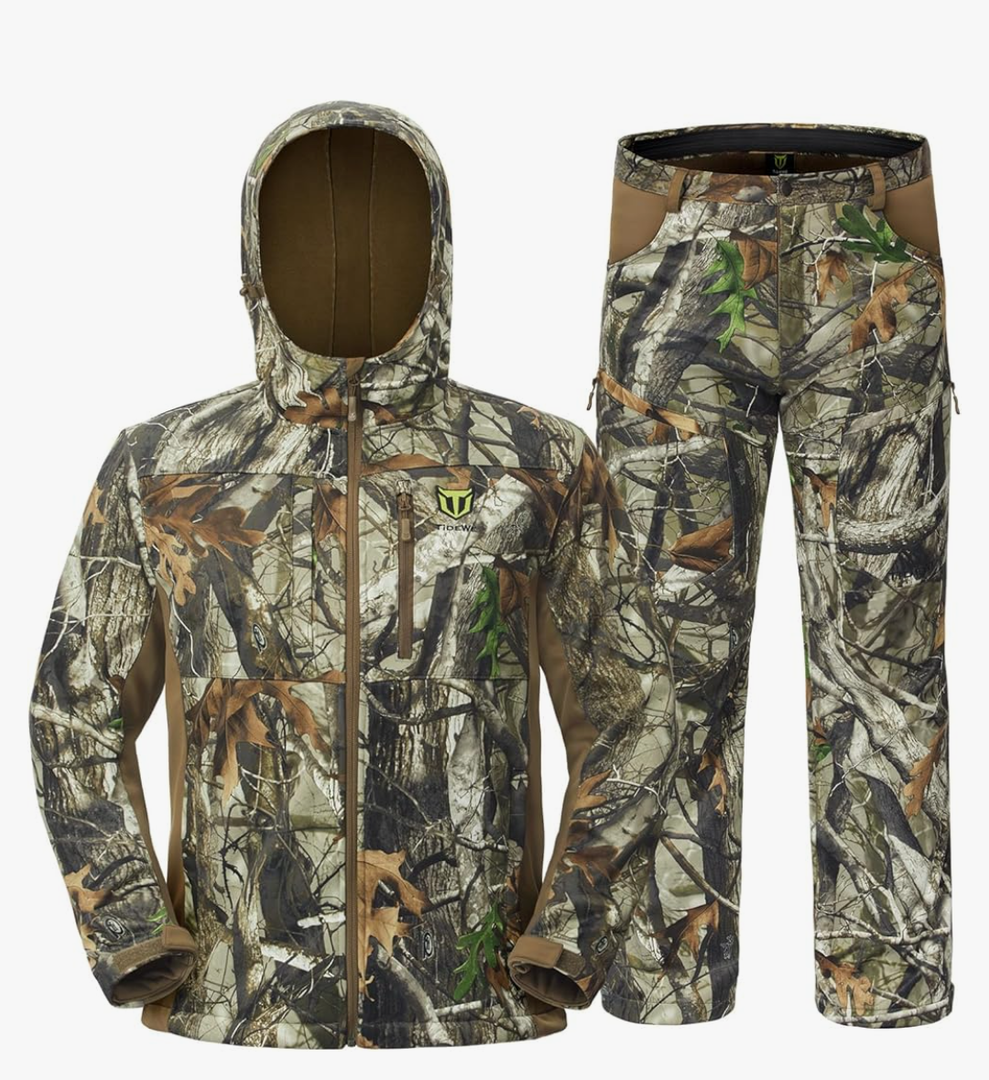 Hunting Clothes for Men with Fleece Lining, Safety Strap Compatible Water Resistant Silent Hunting Jacket and Pants (M)
