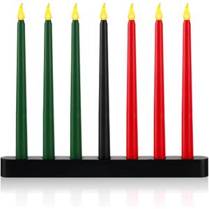 8 Pieces Kwanzaa Kinara Set 7 Kwanzaa LED Candles and 1 Candle Holder Flameless Battery Powered Electric Taper Candle with Wood Stand(Classic Style)