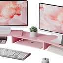 BONTEC Dual Monitor Stand Riser with Smartphone Holder, Adjustable Length & Swivel Angle, Ergonomic Wooden Desktop Organizer for PC Monitor, Laptop, Printer, Large Storage, Pink