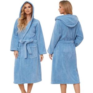 PJGGZ Hooded Bathrobes for Women, Soft Long Towel Robes for Women - Quick Dry yet Warm (Small-Medium, Haze Blue)