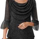 Lotusmile Blouses for Women Dressy Casual 3/4 Sleeve Cowl Neck Sparkly Tops Cocktail Shirts for Evening Party (X-Large, Black)