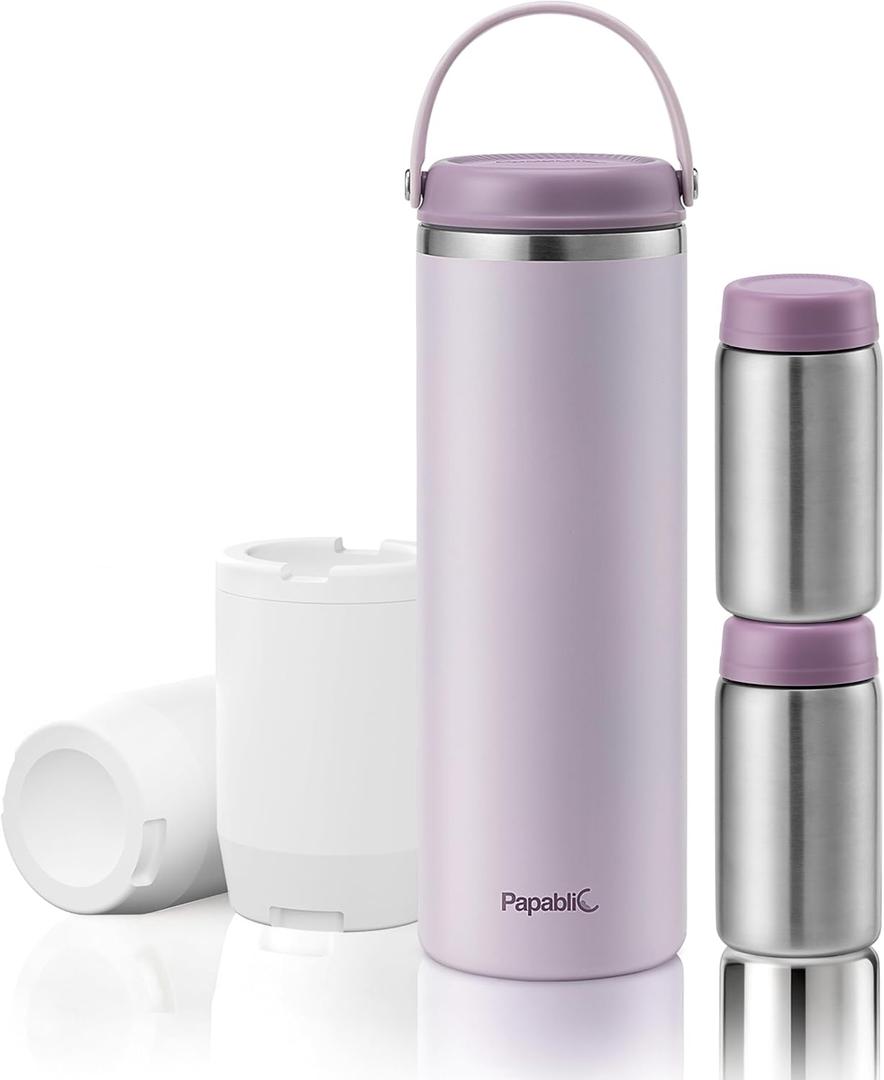 Papablic 360 CapsuleChill Breastmilk Cooler for 36H Safe Storage, Stress-Free Portable Breast Milk Chiller for Working Mom, 20oz Travel Cooler with 2pcs Stainless Steel Baby Bottles, Lilac Purple