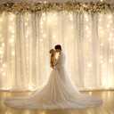 10x10ft Ivory Chiffon Backdrop Curtain with Lights String for Wedding Sheer Tulle Curtain Photo Backdrops Drapes for Baby Shower Birthday Party Home Ceremony Decorations