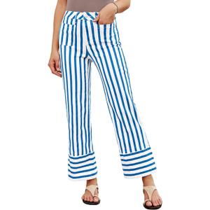 luvamia Striped Jeans for Women Wide Leg High Waisted Trendy Patch Pockets Stretchy Denim Pants Casual Trouser Jeans (L)