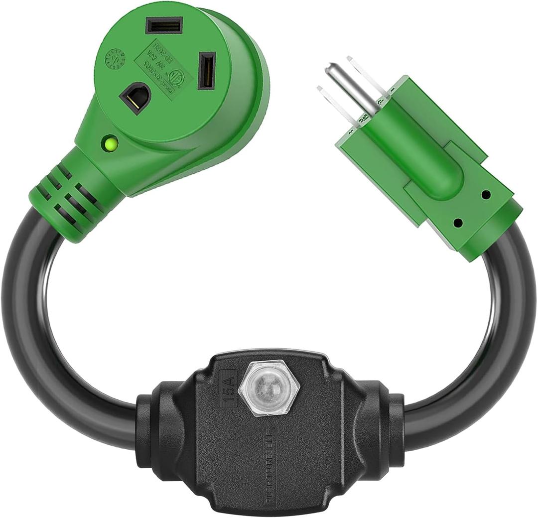 RVGUARD Overload Protector 30 Amp to 110 Volt RV Adapter Cord with Circuit Breaker, NEMA 5-15P to NEMA TT-30R Electrical Power Adapter with LED Power Indicator, 18 Inch, Green, ETL Listed
