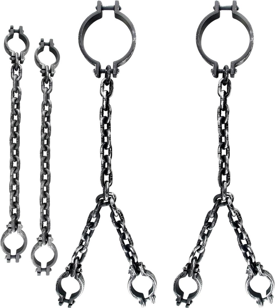 4 Pcs Halloween Plastic Chain Costume Prop Toy Large Plastic Prison Chain Link Handcuffs Headcuffs for Halloween Costume Party Prisoner Game Trick Props Haunted Home Cosplay