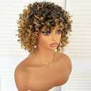 Short Loose Curly Afro Wigs 6 Inch Ombre Blonde Big Bouncy Kinky Curly Bob Wig with Bangs for Women Synthetic Heat Resistant Full Hair Wig