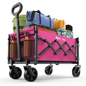 Collapsible Wagon with Wheels, 220 lbs Wagons Carts Foldable Wagon Cart with Flexible Handle, Lightweight Portable Folding Utility Grocery Shopping Cart for Grocery Sports Garden Camping, Pink (Medium without Tailgate)