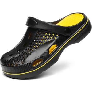 SOSOWHLTE Men's and Women's Arch Support Clogs Garden Shoes Slip-on Outdoor Beach Slippers with Removable Cushion Insole (14-15 Wide Women/12-13 Wide Men, Black and Gold)