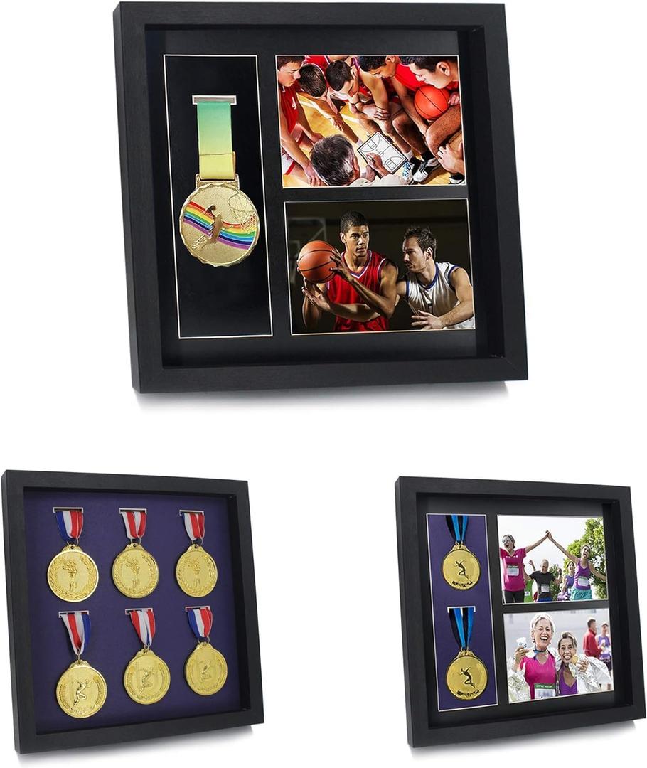 Iheipye Large Medals Display Shadow Box - 6 Medal Display case - Perfect Medal Display for War Military, Runners, Marathon, Race Winner, Football, Gymnastics & All Sports (Black, 12x12) (Medal Case - 12x12 Black)