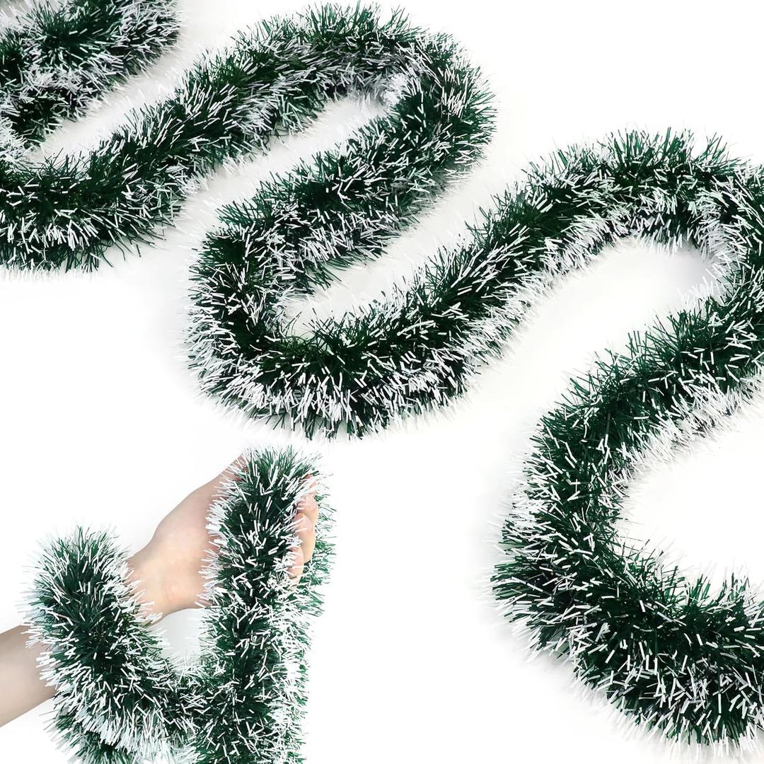 50FT Christmas Tinsel Garland Green Garland for Christmas Tree Decorations, Xmas Tinsel Garlands for Decoration Indoor Outdoor Party Supplies Holiday Decor (Green and White)
