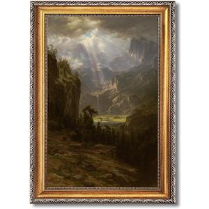 Framed Epic Mountain Landscape Wall Art Romantic Countryside Wilderness Painting Poster Dramatic Light Valley Canvas Prints Moody Aesthetic Home Decor for Living Room Office 24x36inch