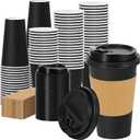 Lamosi 100 Pack 16 oz Disposable Coffee Cups with Lids and Sleeves, Black Leak-Proof To Go Coffee Cups with Lids, Hot/Cold Beverage Black Drinking Cup for Home, Office, Parties, Travel