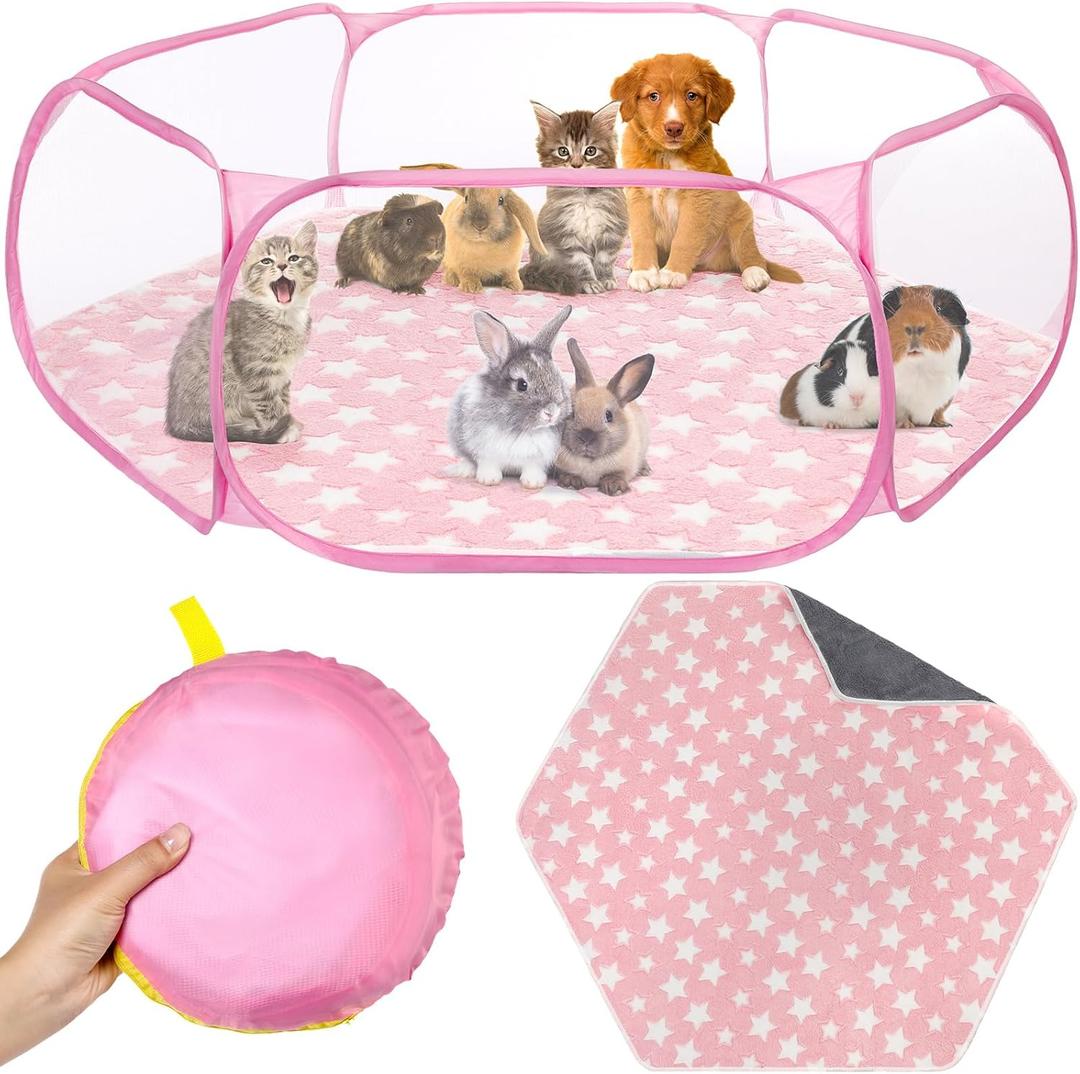 Hamster Playpen with Mat Small Animal Cage Tent Breathable Transparent Guinea Pig Playpen Waterproof Portable Yard Fence Mat Foldable Exercise Playpen Outdoor Indoor (Pink,Star)
