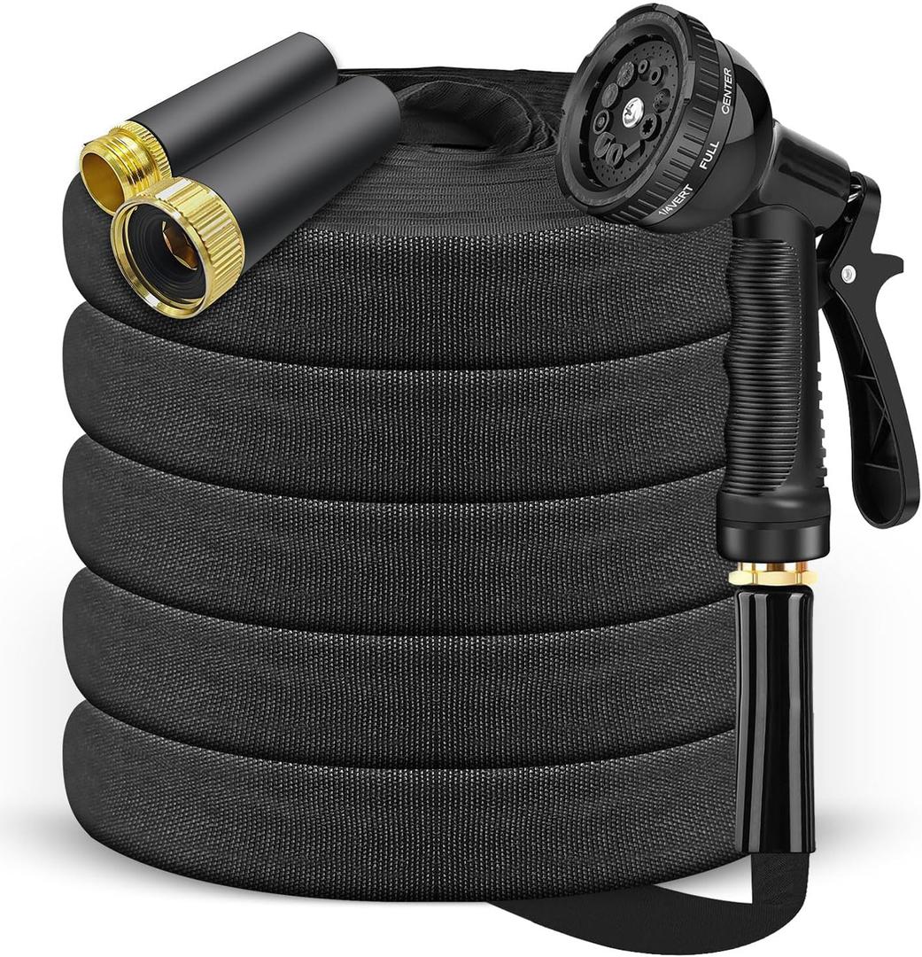 100ft Non-Expanding Garden Hose with 8-Pattern Nozzle - Lightweight, Kink-Free for Lawn, Car Wash & Outdoor Use (Black)