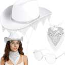 Homaisson White Cowgirl Hat for Women, Sparkly Cowboy Hat with Sunglasses Bandanas Glitter Cowgirl Hat for Themed Party Costume (White)