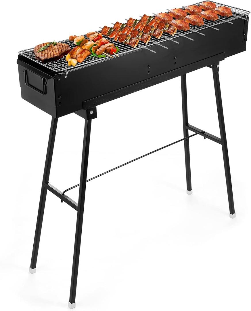 IRONWALLS Portable Charcoal Grill 32 Inch, Black Folding Stainless Steel Barbecue Grill for Outdoor Cooking, Large Lamb Skewer Grill for Patio, Party, Picnic, Travel, Camping, Home & Commercial Use