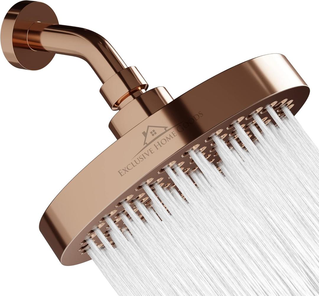 Rainfall Shower Head - 6" High Pressure Shower Heads - 1.8 GPM Shower Heads with Anti-Clog 90 Rubber Jets - 360 Rotation Adjustable Shower Head - Rustproof Bathroom Shower Head - Rose Gold