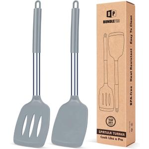 Pack of 2 Silicone Solid Turner, Non Stick Slotted Kitchen Spatulas, High Heat Resistant BPA Free Cooking Utensils, Ideal Cookware for Fish, Eggs, Pancakes(Gray)