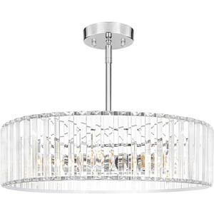 Modern Crystal Chandelier for Dining Room, 6 Light Chrome Semi Flush Mount Ceiling Light Fixtures, 19in Hallway Fixture, Round Kitchen Hanging Drum Pendant Lights Ceiling for Living Room Bedroom Foyer