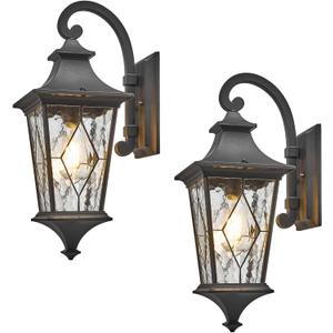 NAXTTII Porch Light Outdoor 14.5 Inch Black Exterior Light Fixtures 2-Pack Outside Light fixtures for House Water Reipple Handmade Solder Glass Aluminum Material and E26 Socket Downwards Installation