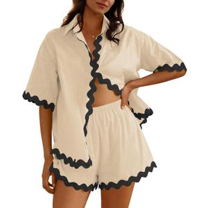 Fixmatti Women Two Piece Summer Sets Short Sleeve Button Down Shirts (Beige, S)