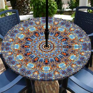 Buwuta Outdoor Tablecloth with Umbrella Hole Waterproof Round Fitted Tablecloth with Elastic Zippered Wipeable Table Cloth Round Cover for Picnic, Patio,Garden Fits to 40"-44" Patio Tables