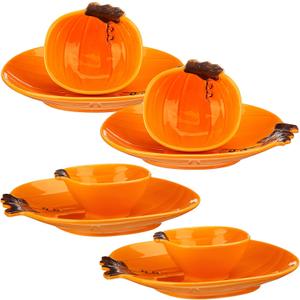 Maxcheck 8 Pcs Pumpkin Shaped Plates and Ceramic Pumpkin Bowls Kit Pumpkin Dinnerware for Thanksgiving Halloween Indoor Fall Table Decor(Orange)