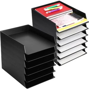Wenqik 12 Pcs Stackable Paper Trays Rectangular Plastic Desk Holder Desktop Document File Organizer Storage Letter for Office Classroom (Black)
