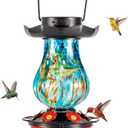 DesGully Solar Hummingbird Feeder for Outdoor - 25 fl.oz Hand Blown Glass Hummingbird Feeders for Outdoors Hanging, Large Capacity with Moat, 6 Colors Changing Light Outside Garden Decor (Blue)