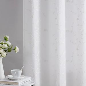 Bujasso White Floral Semi Sheer Curtains 84 inch Embroidered Leaf Patterned Window Curtain Panels with Lined Privacy Farmhouse Light Filtering Drapes for Living Room Bedroom Grommet Top W38 xL84 x2 (White/Double Layer)
