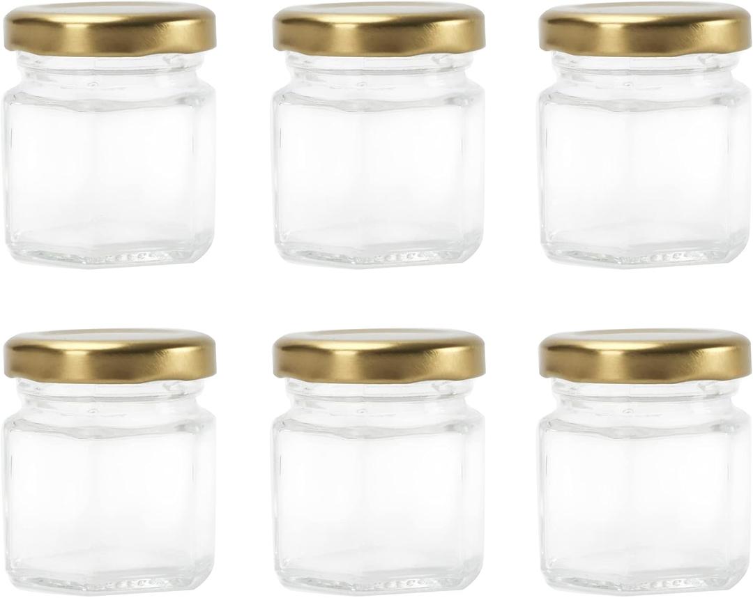 1.5oz 6Pack Mini Glass Hexagon honey Jars Gold Lids, Jam Honey DipperWedding FavorsBaby FoodCandleCrafts Canning JarGlasses jar (Golden)
