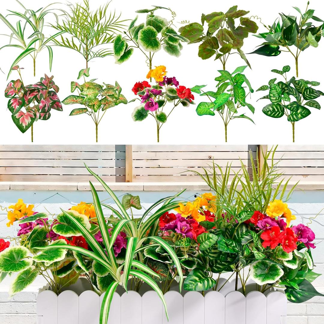 14 Bundles Artificial Plants Outdoor, Faux Greenery Stems UV Resistant Plastic Bushes Real Touch Fake Shrubs with Flexible Leaves for Garden Porch Patio Window Box Planter Fence Outdoor Decor