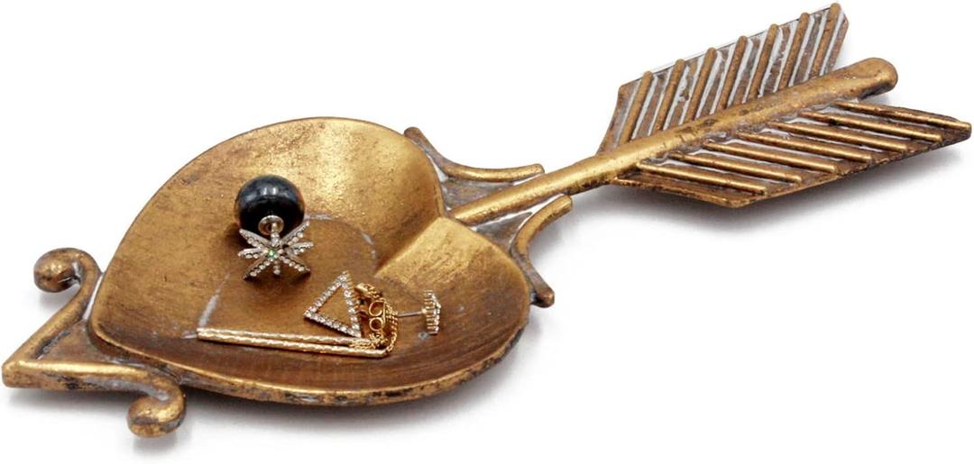 Funly mee Antique Trinket Dish Vintage Love arrow Gold Jewelry Tray, Marriage Ring Holder 8 x 3.3 inches