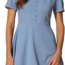 Allegra K Vintage Work Dresses for Women's 1950s Flat Collar Short Sleeve Fit and Flare Dress (Medium, Blue Gray)